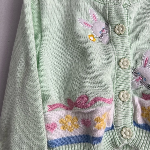 Bonnie Jean Green Cardigan Sweater with Bunnies Easter Spring - Picture 4 of 5